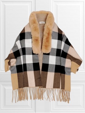 Cashmere Feeling Reversible Plaid Cape w/ Faux Fur Collar